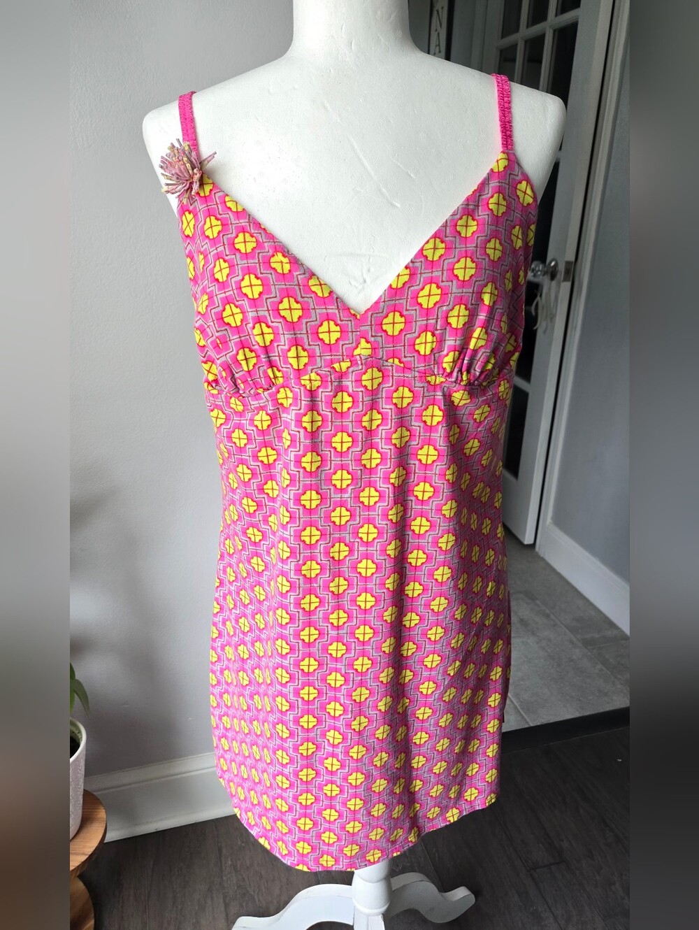 Josie by Josie Natori Pink Yellow Geometric Knit Slip Dress Chemise Size XL